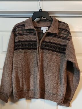 croft & barrow 100% Wool Taupe Fair Isle Zip-Up Sweater